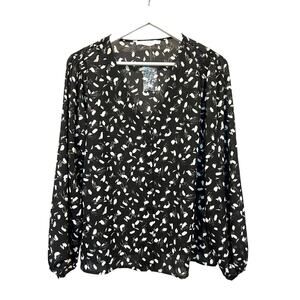 LUSH Top Women's Large V-Neck Button Down Modern Print Black Ivory NEW